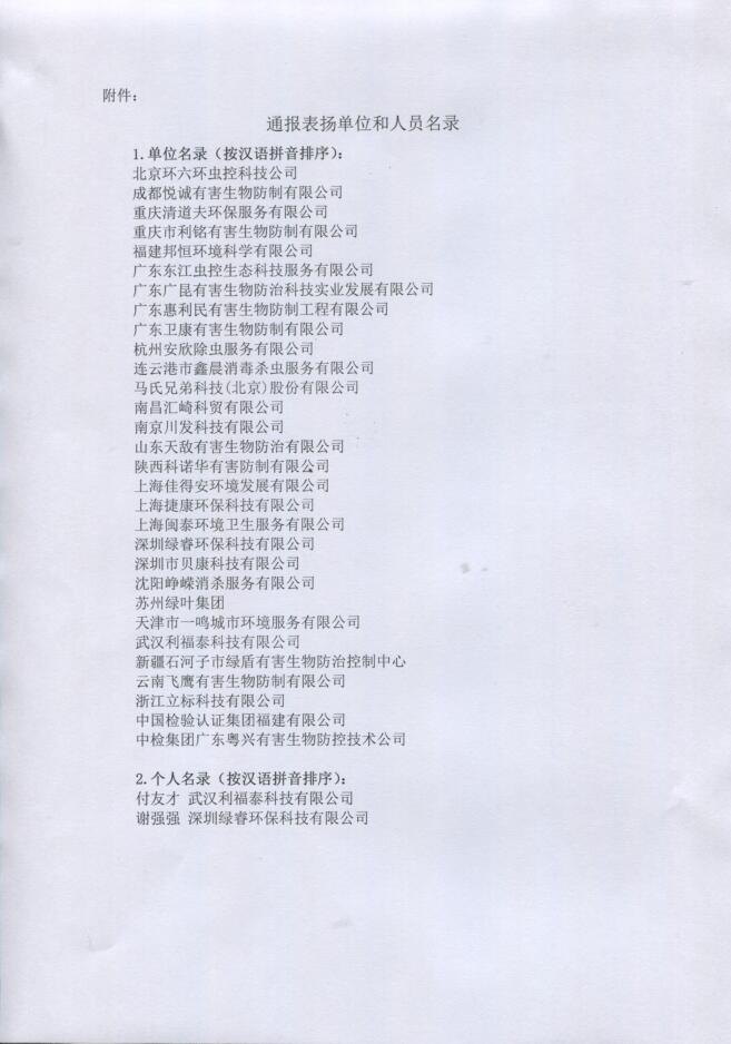 中國衛(wèi)生有害生物防制協(xié)會通報表揚(yáng)單位